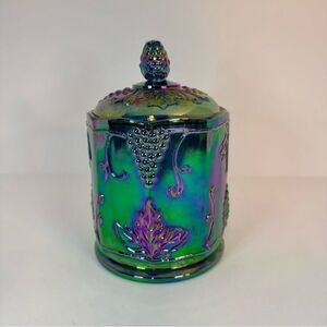 Vintage Indiana Carnival Glass Iridescent Blue 7” Canister Jar | Harvest Grapes